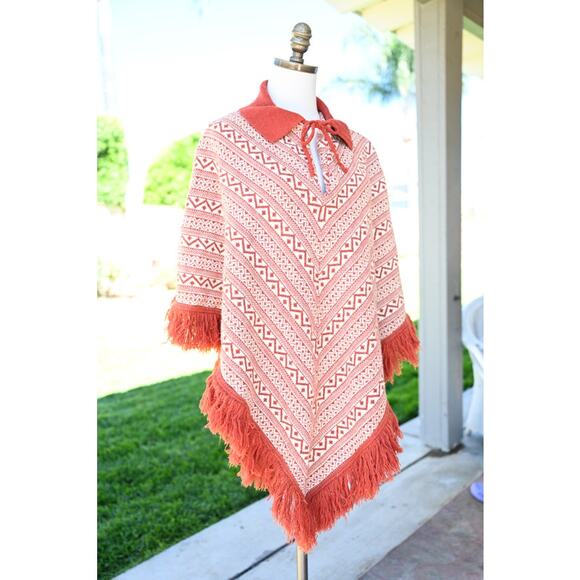 1970's Wool Burnt Orange and Cream Knit Poncho - Picture 6 of 7